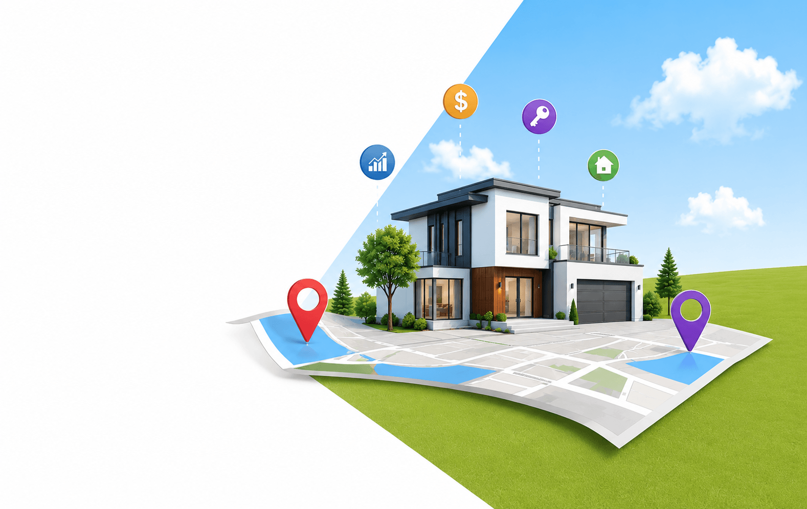 A modern home on a folded street map with location pins and floating icons for value, keys, growth and listings